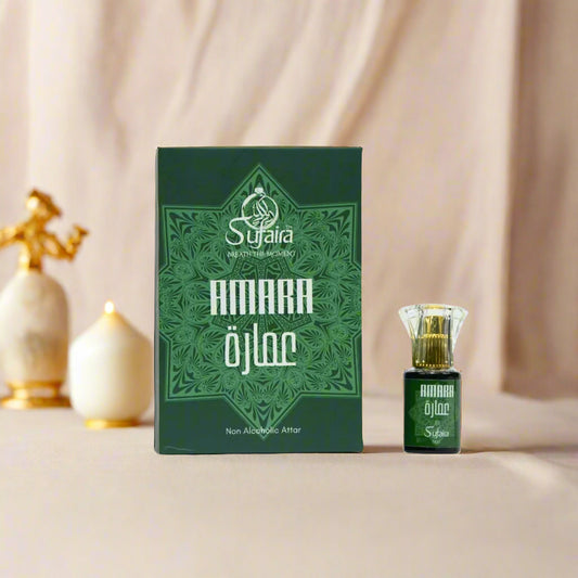 Sufaira Amara perfume bottle and packaging on a cream background