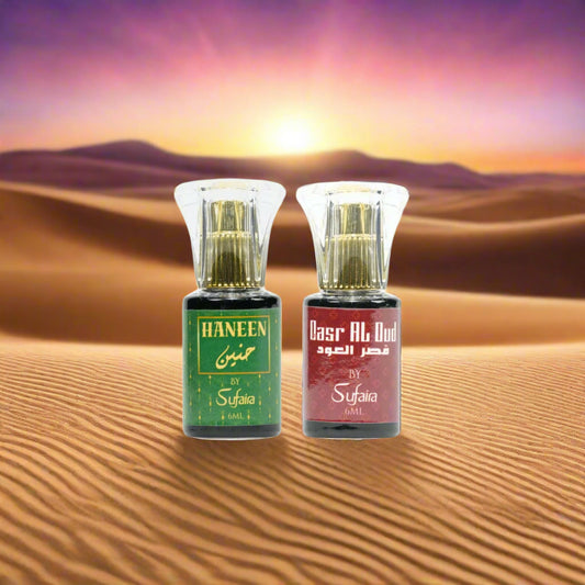 Two small bottles of Haneen and Basr Al Oud by Sufaira 