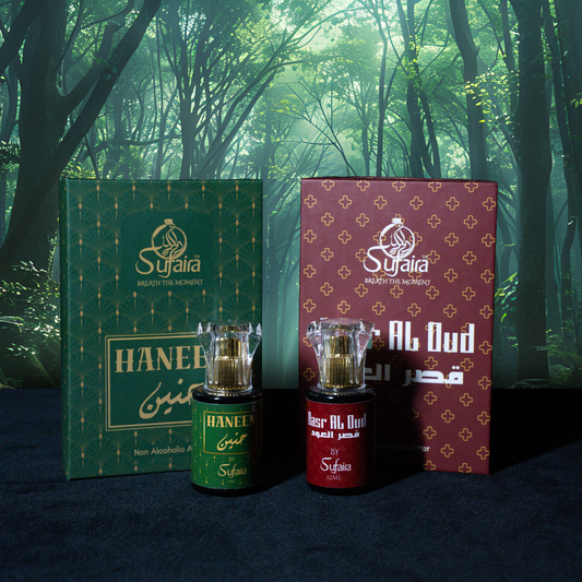 Haneen & Qasr al Oud – Bold Oud and Bergamot Attar Duo